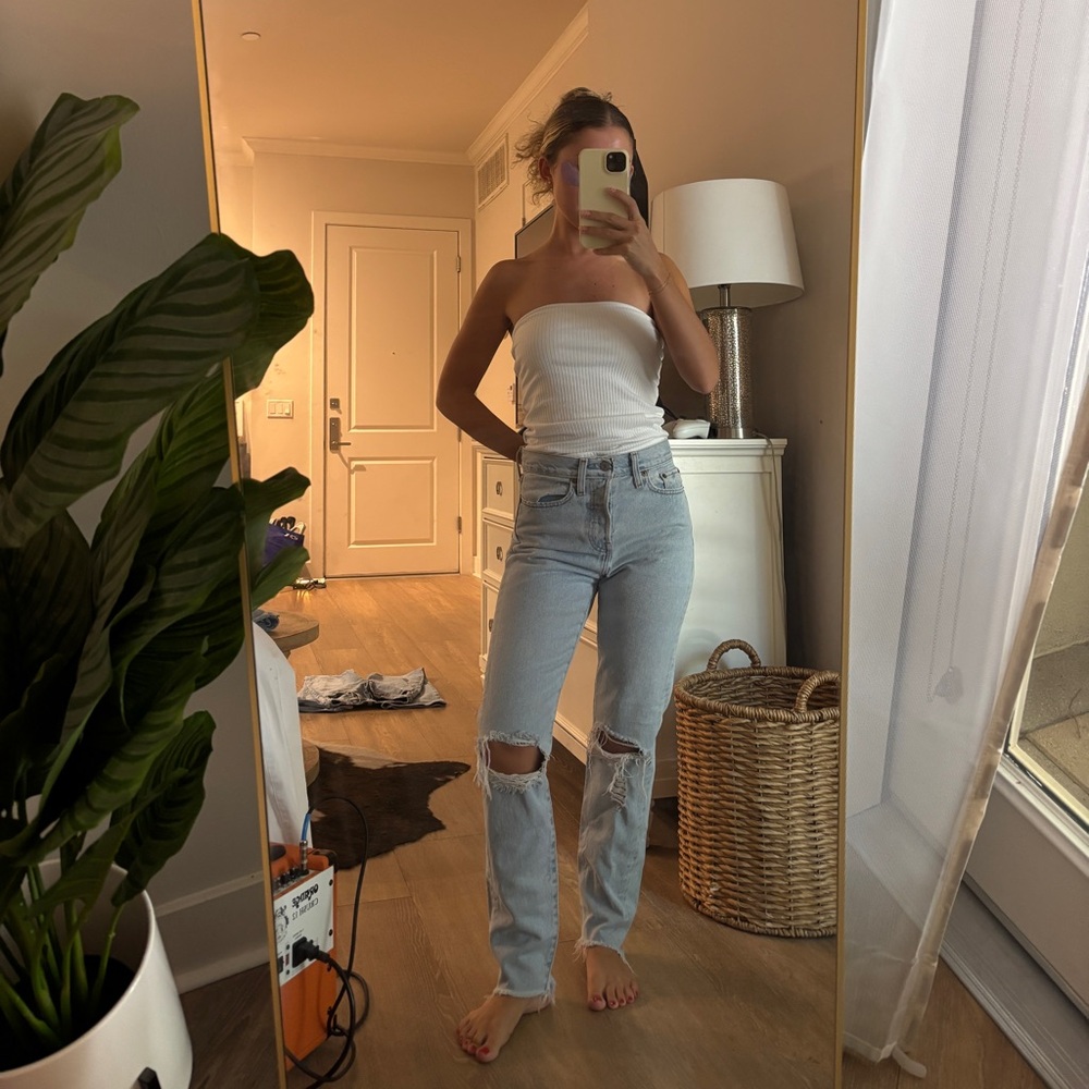 Levi's Blue Straight Leg Jeans with Distressed Details
